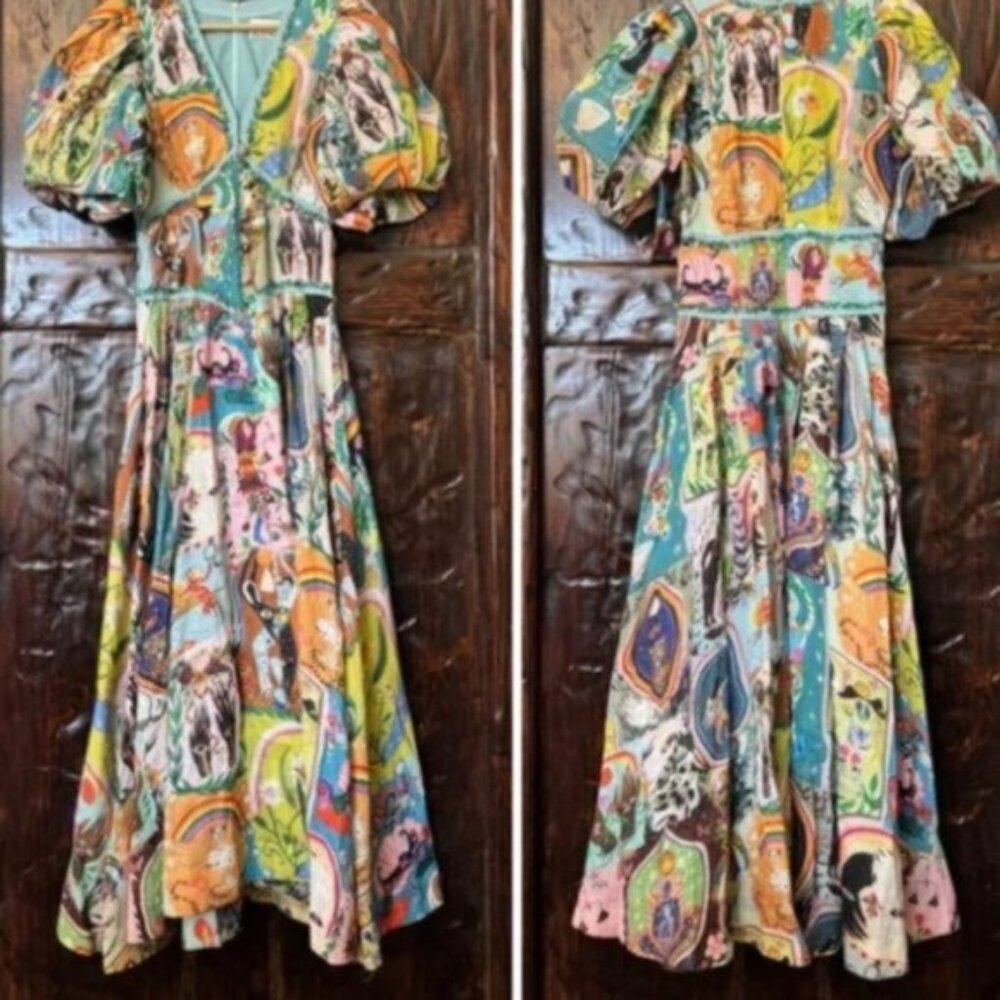 Green Art Puff Sleeve Corset Linen Abstract Floral A- Line Midi Dress XL - Picture 2 of 16